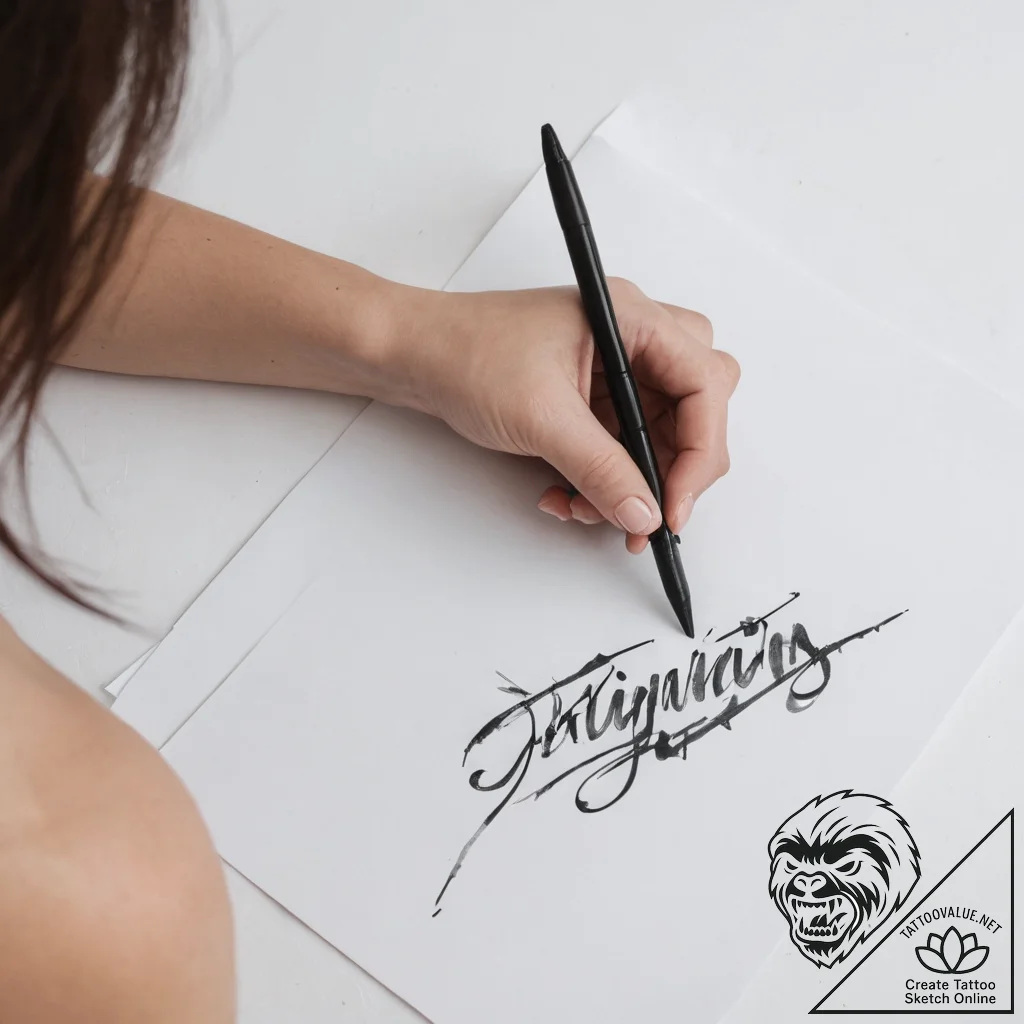 A person practicing calligraphy with a brush... - tattoo sketch (№1754446586_0, 06.08.2025 02:16) — tattoovalue.net