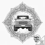 A rugged, mud-splattered 4×4 off-road vehicle… – tattoo sketch (№1754447203_0, 06.08.2025 02:26) — tattoovalue.net
