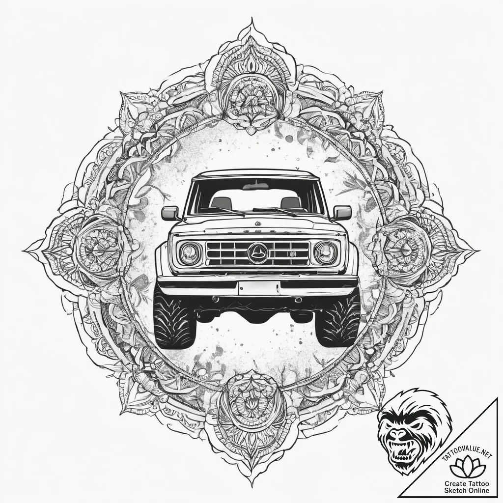 A rugged, mud-splattered 4x4 off-road vehicle... - tattoo sketch (№1754447203_0, 06.08.2025 02:26) — tattoovalue.net