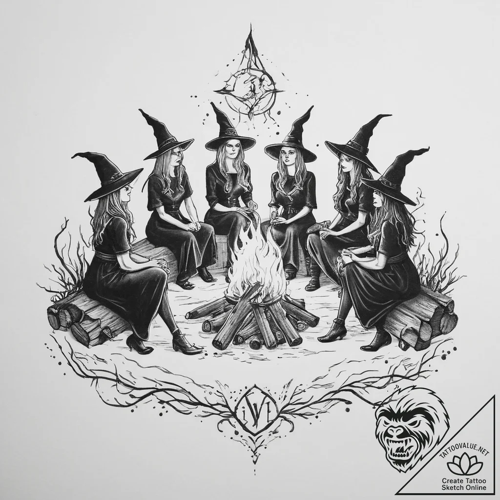 A coven of witches around a fire - tattoo sketch (№1754448852_0, 06.08.2025 02:54) — tattoovalue.net