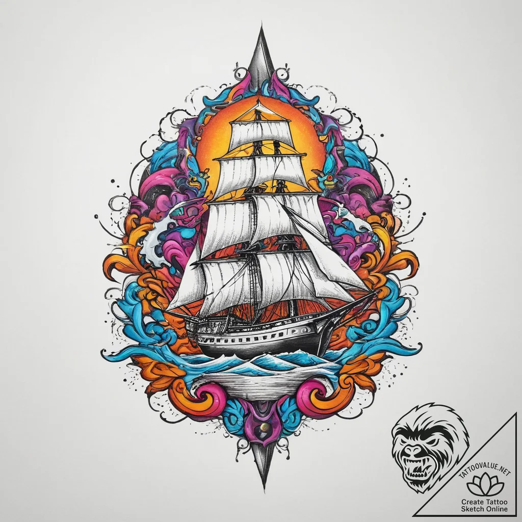 Frigate, tattoo drawing outline, vibrant colo... - tattoo sketch (№1754449060_0, 06.08.2025 02:57) — tattoovalue.net