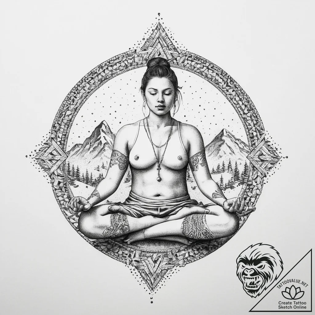 A person meditating in a silent, snowy landsc... - tattoo sketch (№1754451703_0, 06.08.2025 03:41) — tattoovalue.net