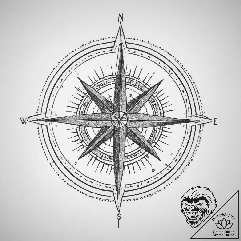 Tattoo sketch a weathered compass, pointing t... - tattoo sketch (№1754453511_0, 06.08.2025 04:11) — tattoovalue.net