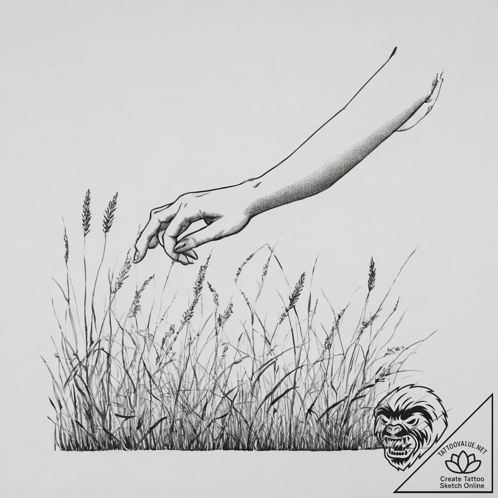 A person's hand reaching out to touch a field... - tattoo sketch (№1754457124_0, 06.08.2025 05:12) — tattoovalue.net