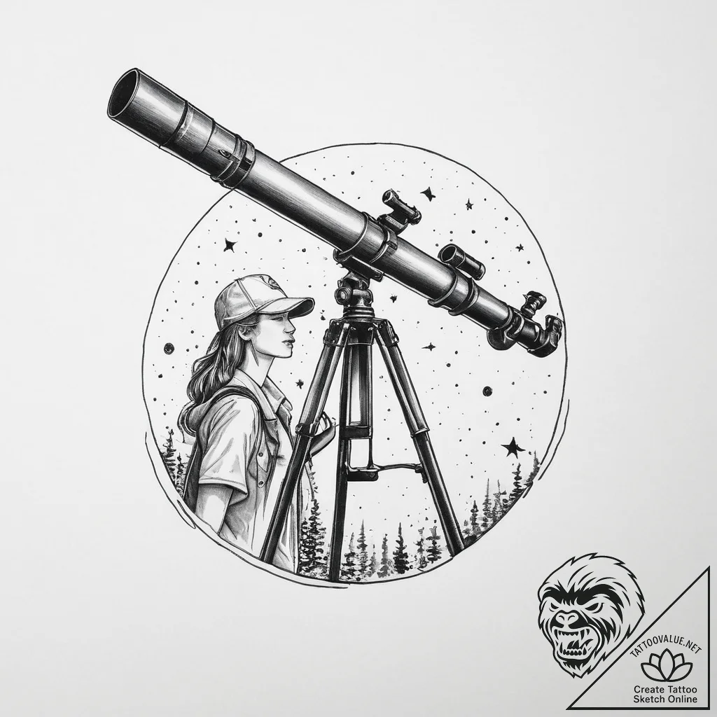 A person looking through a telescope at the n... - tattoo sketch (№1754457328_0, 06.08.2025 05:15) — tattoovalue.net