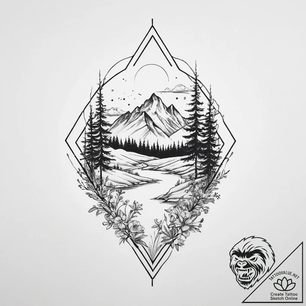 Tattoo design: a landscape of a serene meadow... - tattoo sketch (№1754460735_0, 06.08.2025 06:12) — tattoovalue.net