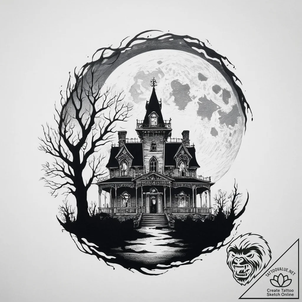Tattoo sketch a haunted mansion silhouette ag... - tattoo sketch (№1754461936_0, 06.08.2025 06:32) — tattoovalue.net