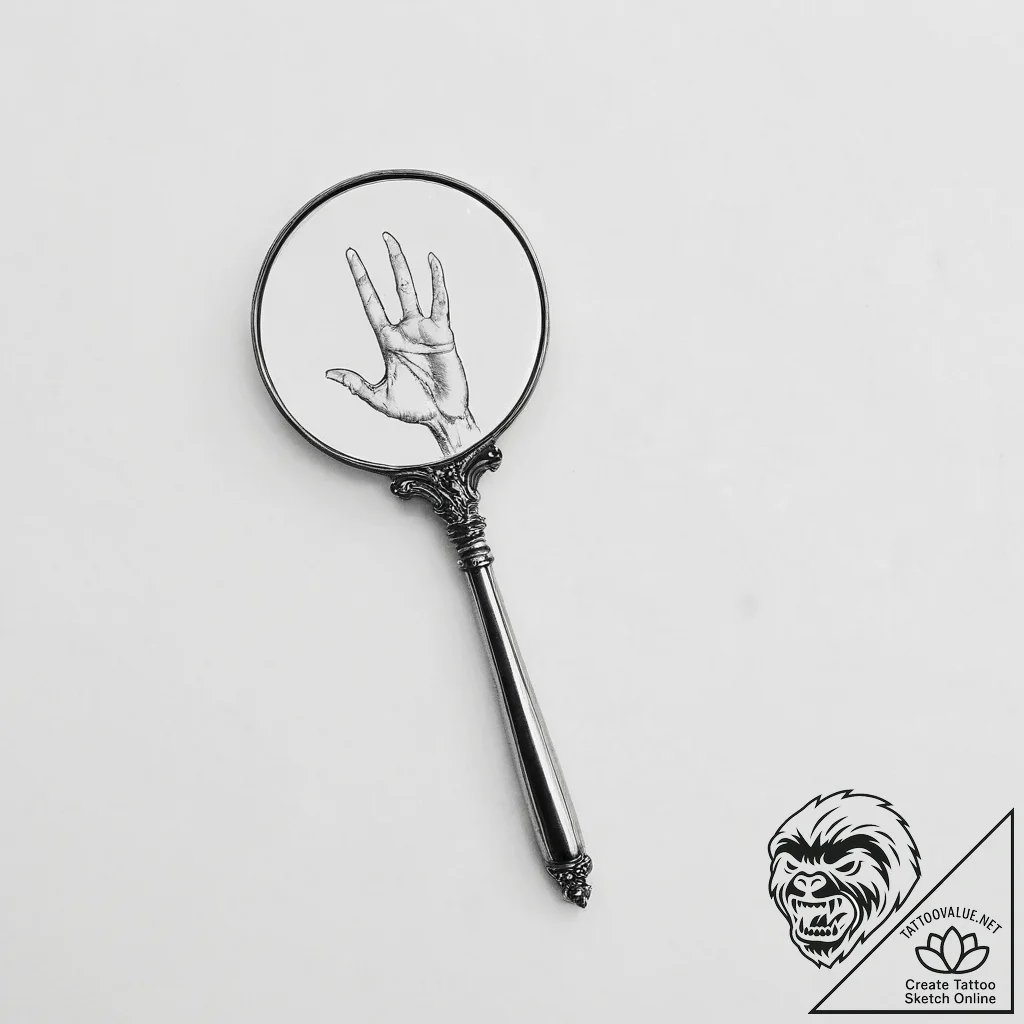 A hand mirror reflecting a ghostly figure - tattoo sketch (№1754464759_0, 06.08.2025 07:19) — tattoovalue.net