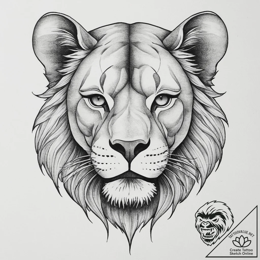 Tattoo design a fierce lioness's face, strong... - tattoo sketch (№1754466808_0, 06.08.2025 07:53) — tattoovalue.net