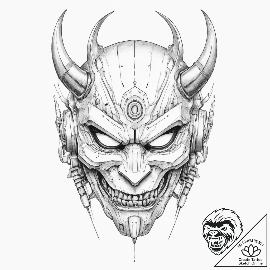 Cyberpunk oni mask - tattoo sketch (№1754468616_0, 06.08.2025 08:23) — tattoovalue.net