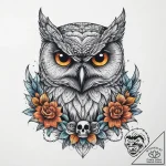 Owl with skull, tattoo drawing outline, on a… – tattoo sketch (№1754470428_0, 06.08.2025 08:53) — tattoovalue.net