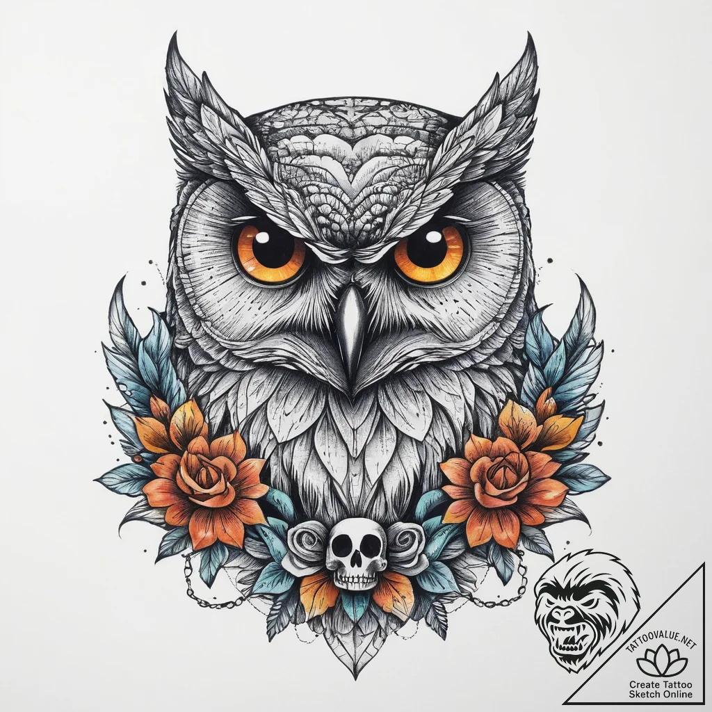 Owl with skull, tattoo drawing outline, on a... - tattoo sketch (№1754470428_0, 06.08.2025 08:53) — tattoovalue.net