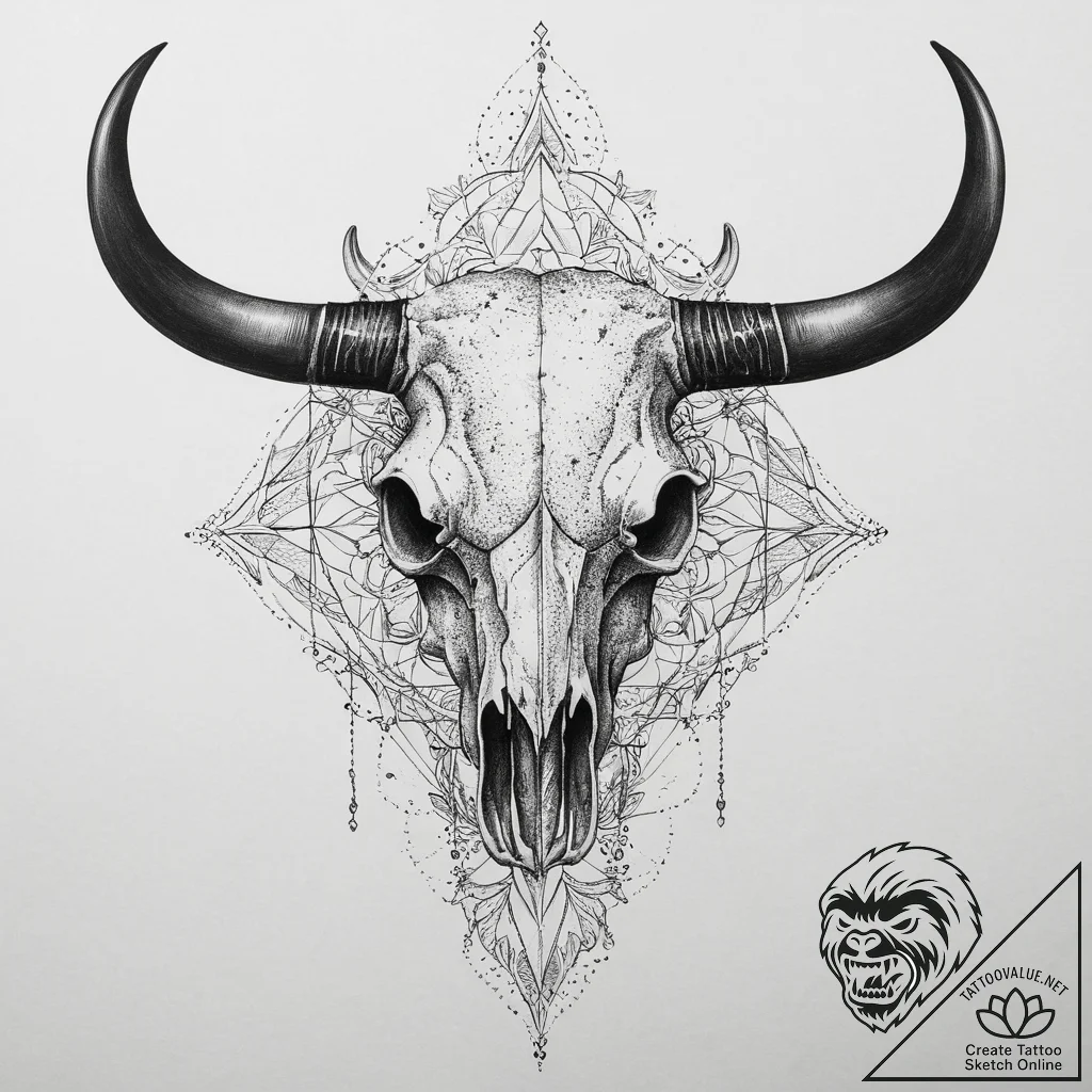 Bull skull, ink illustration for tattoo, on a... - tattoo sketch (№1754472248_0, 06.08.2025 09:24) — tattoovalue.net