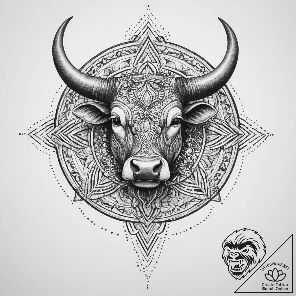 Tattoo design a detailed taurus bull in a pow... - tattoo sketch (№1754473252_0, 06.08.2025 09:40) — tattoovalue.net