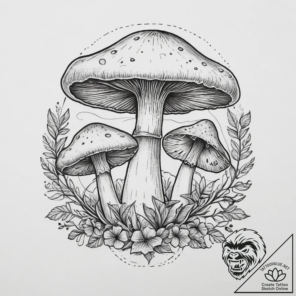 Mushrooms, tattoo line art, soft whip shading... - tattoo sketch (№1754473655_0, 06.08.2025 09:47) — tattoovalue.net