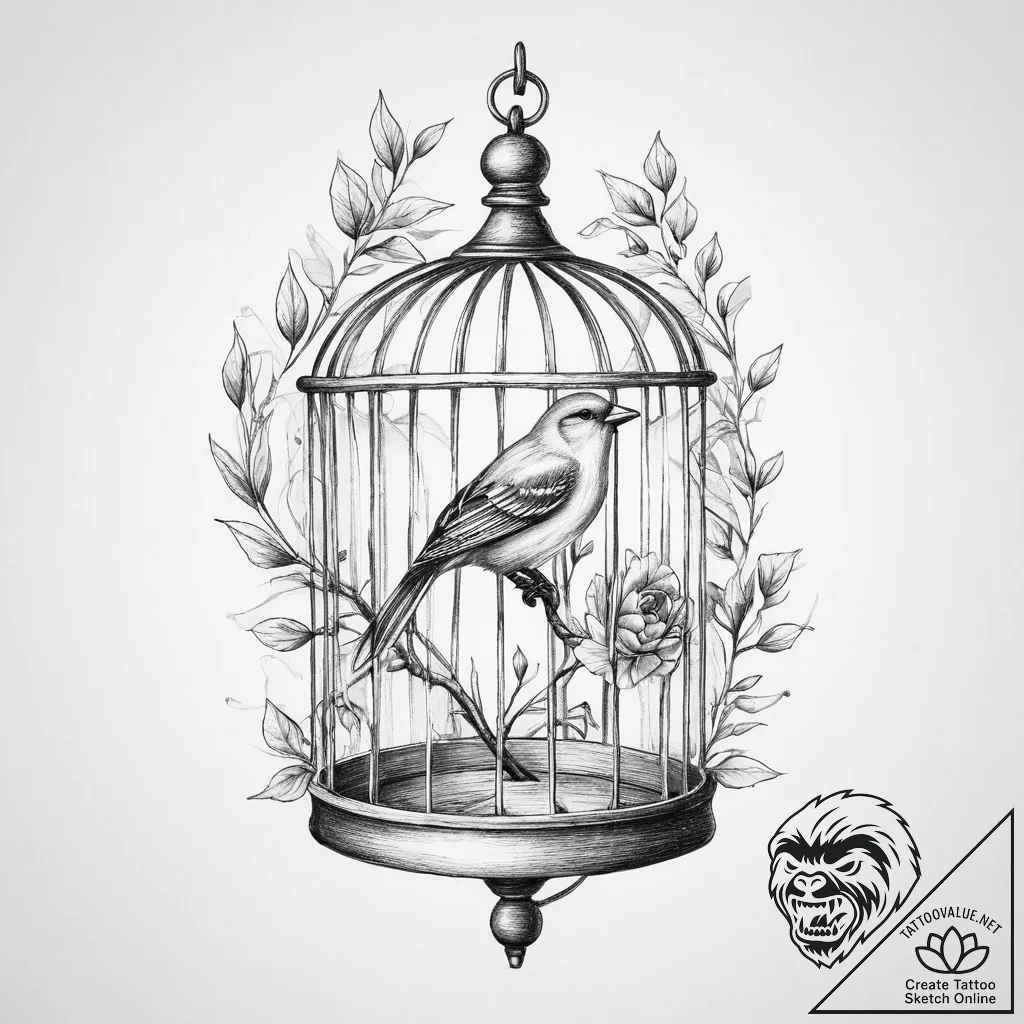 Bird and cage - tattoo sketch (№1754475458_0, 06.08.2025 10:17) — tattoovalue.net