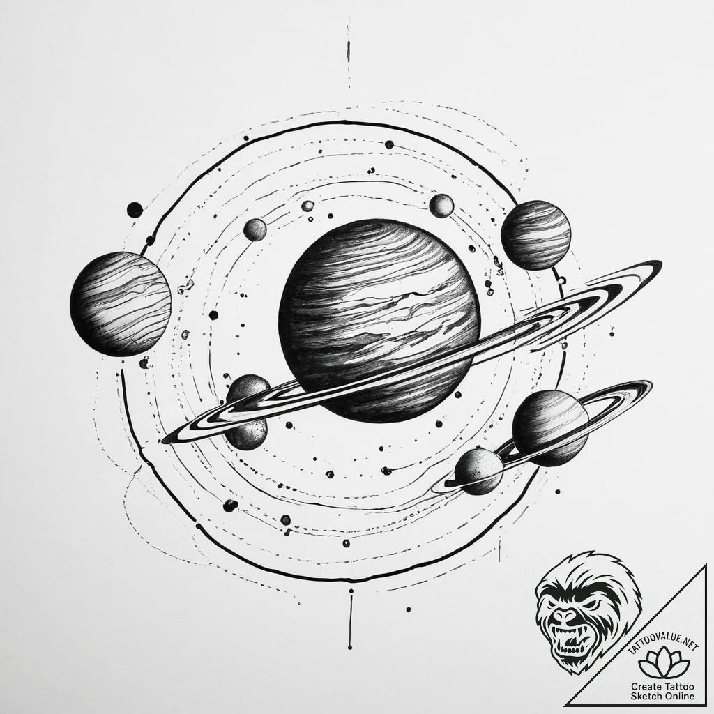 Tattoo sketch a solar system where each plane... - tattoo sketch (№1754475654_0, 06.08.2025 10:20) — tattoovalue.net