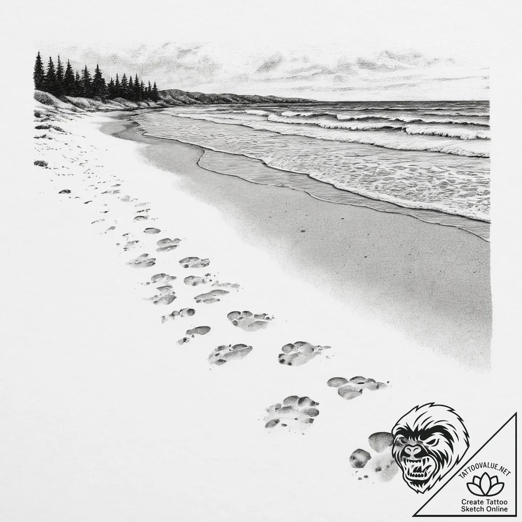 A shot of a deserted beach with footprints le... - tattoo sketch (№1754475852_0, 06.08.2025 10:24) — tattoovalue.net