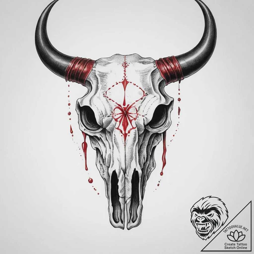 Bull skull, tattoo sketch design, black and r... - tattoo sketch (№1754476456_0, 06.08.2025 10:34) — tattoovalue.net