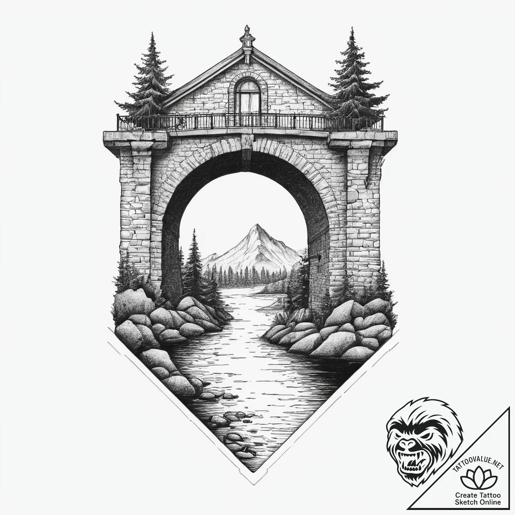Troll under a bridge, tattoo line art, on a c... - tattoo sketch (№1754477063_0, 06.08.2025 10:44) — tattoovalue.net