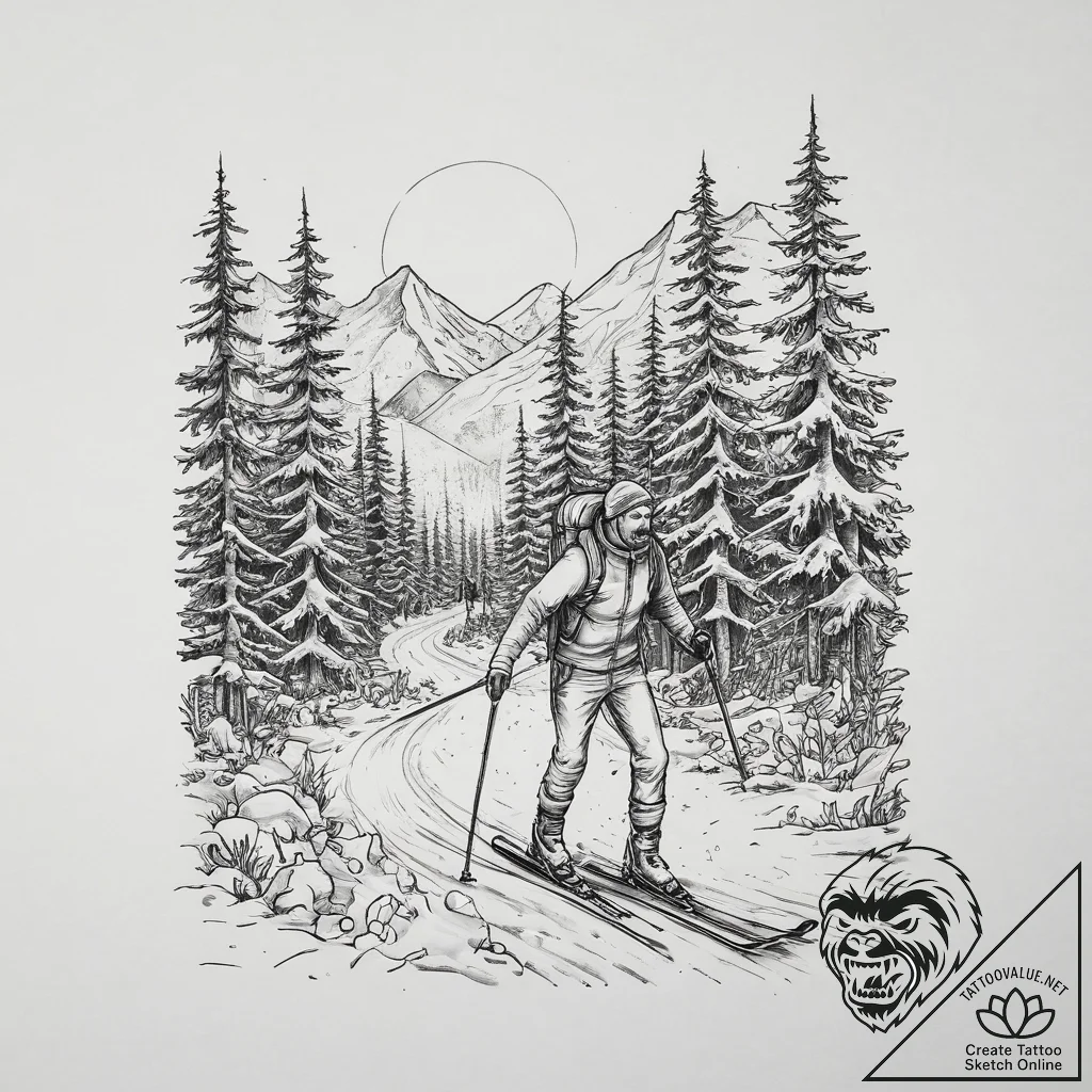 A person cross-country skiing through a silen... - tattoo sketch (№1754479886_0, 06.08.2025 11:31) — tattoovalue.net
