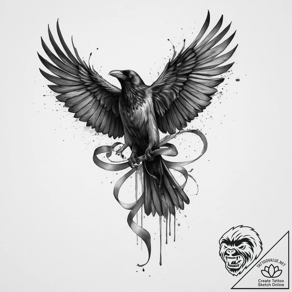 A raven unravelling into a ribbon of ink, ink... - tattoo sketch (№1754480690_0, 06.08.2025 11:44) — tattoovalue.net