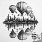 A group of hot air balloons reflected in a ca… – tattoo sketch (№1754481306_0, 06.08.2025 11:55) — tattoovalue.net