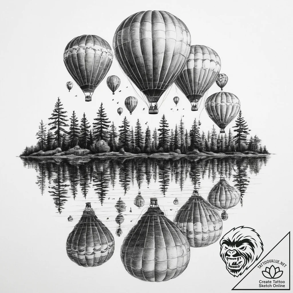A group of hot air balloons reflected in a ca... - tattoo sketch (№1754481306_0, 06.08.2025 11:55) — tattoovalue.net