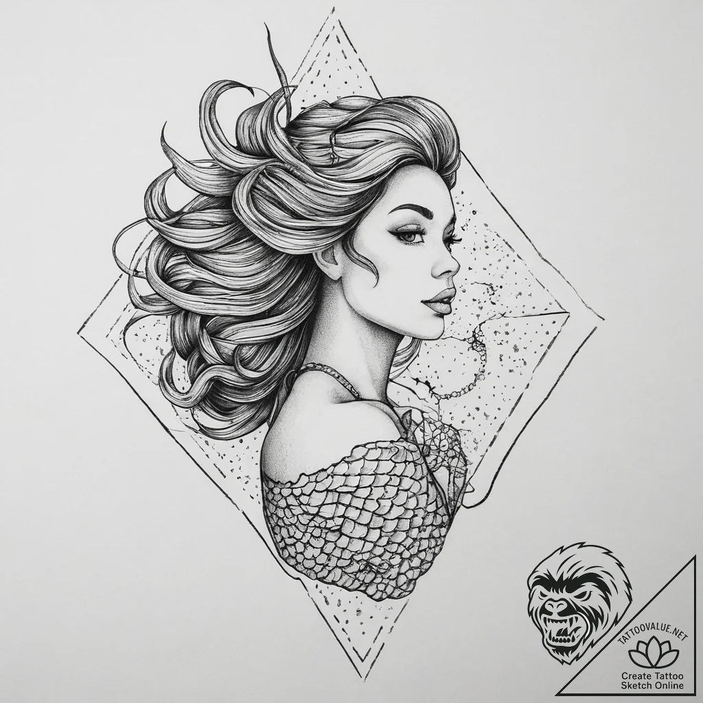 Mermaid, concept art for tattoo, dotwork tatt... - tattoo sketch (№1754481715_0, 06.08.2025 12:01) — tattoovalue.net