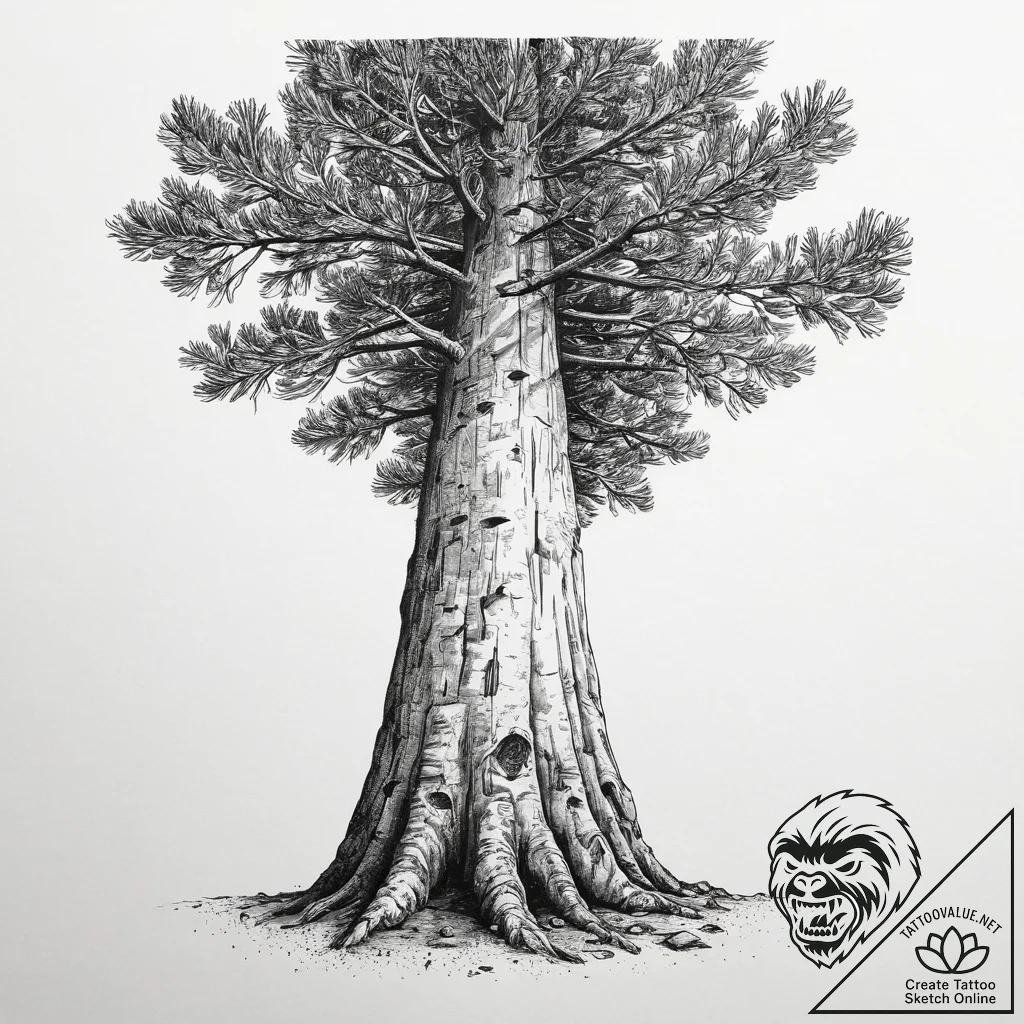 A close-up of the textured bark of a giant se... - tattoo sketch (№1754482945_0, 06.08.2025 12:22) — tattoovalue.net
