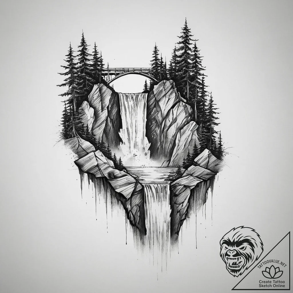 Tattoo design a powerful waterfall, constant... - tattoo sketch (№1754484176_0, 06.08.2025 12:42) — tattoovalue.net
