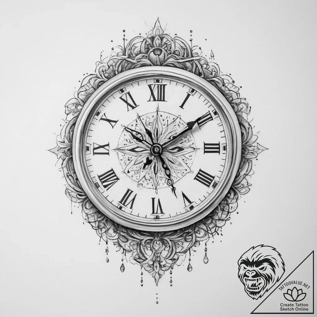 Tattoo design a clock with hands frozen at a... - tattoo sketch (№1754484987_0, 06.08.2025 12:56) — tattoovalue.net