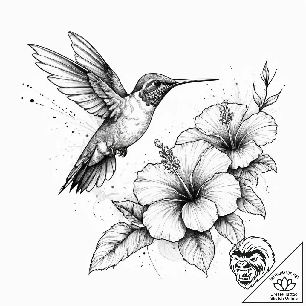 A hummingbird drinking from a hibiscus flower... - tattoo sketch (№1754485394_0, 06.08.2025 13:03) — tattoovalue.net
