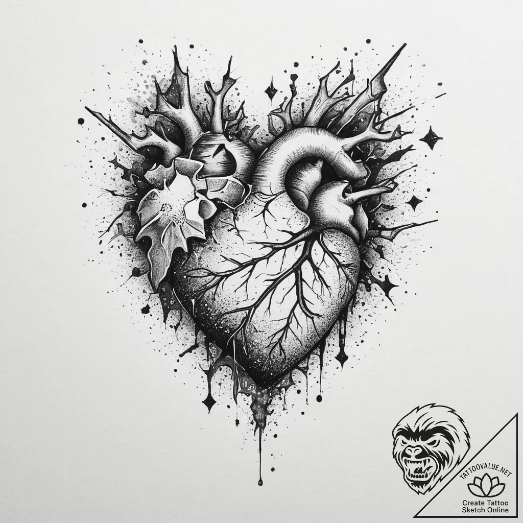 Tattoo sketch a deconstructed heart, showing... - tattoo sketch (№1754485799_0, 06.08.2025 13:09) — tattoovalue.net