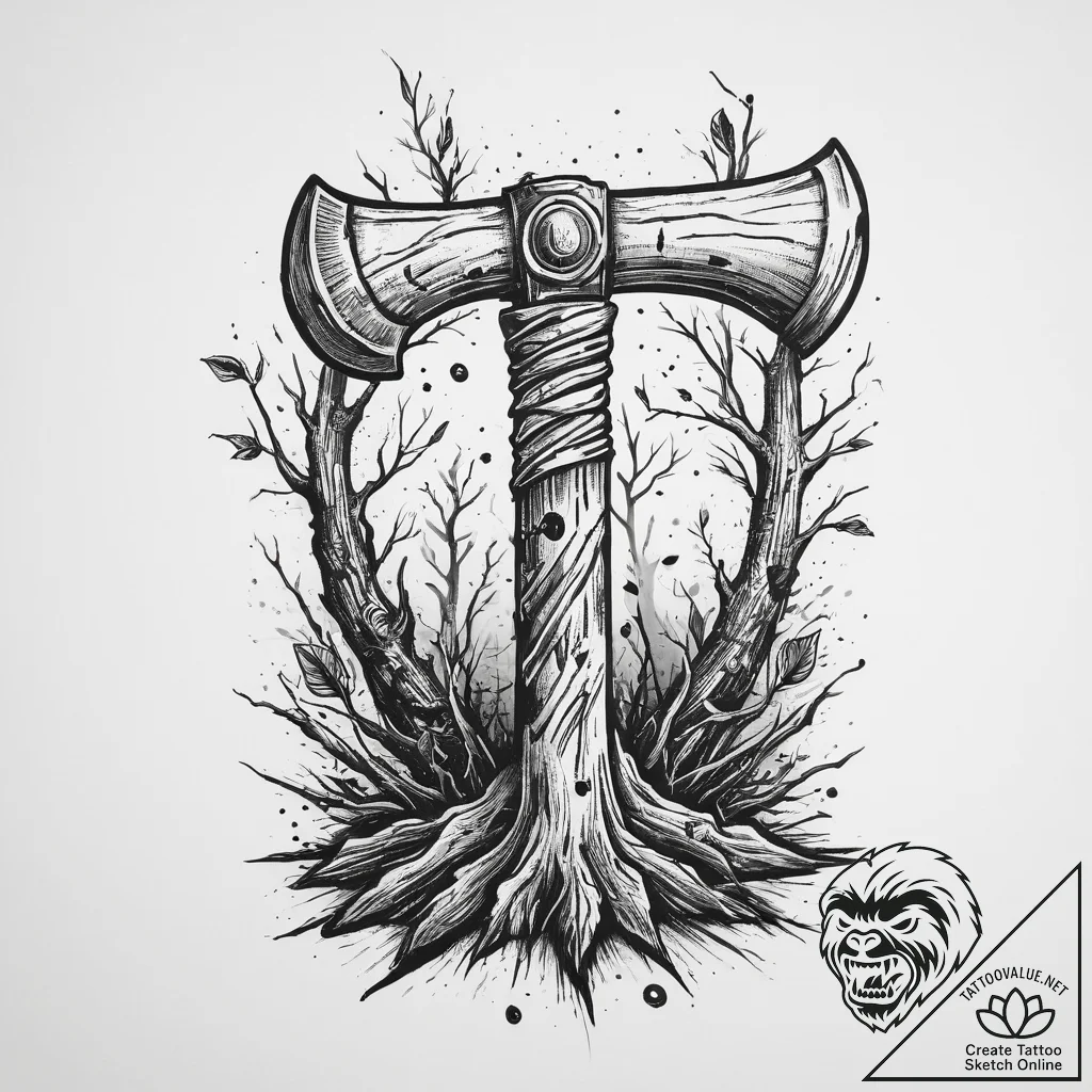 Tattoo sketch a warrior's axe embedded in a t... - tattoo sketch (№1754486613_0, 06.08.2025 13:23) — tattoovalue.net