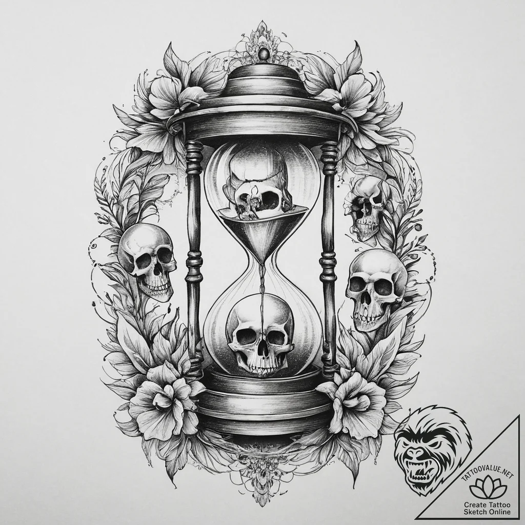 Hourglass with skulls instead of sand, tattoo... - tattoo sketch (№1754487842_0, 06.08.2025 13:44) — tattoovalue.net