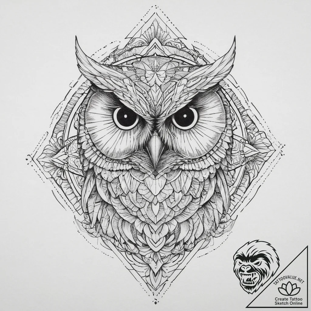 Owl with skull, tattoo sketch design, geometr... - tattoo sketch (№1754488871_0, 06.08.2025 14:01) — tattoovalue.net