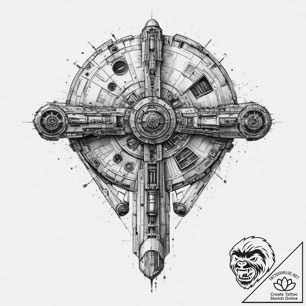 The millennium falcon blueprint, tattoo flash... - tattoo sketch (№1754491940_0, 06.08.2025 14:52) — tattoovalue.net