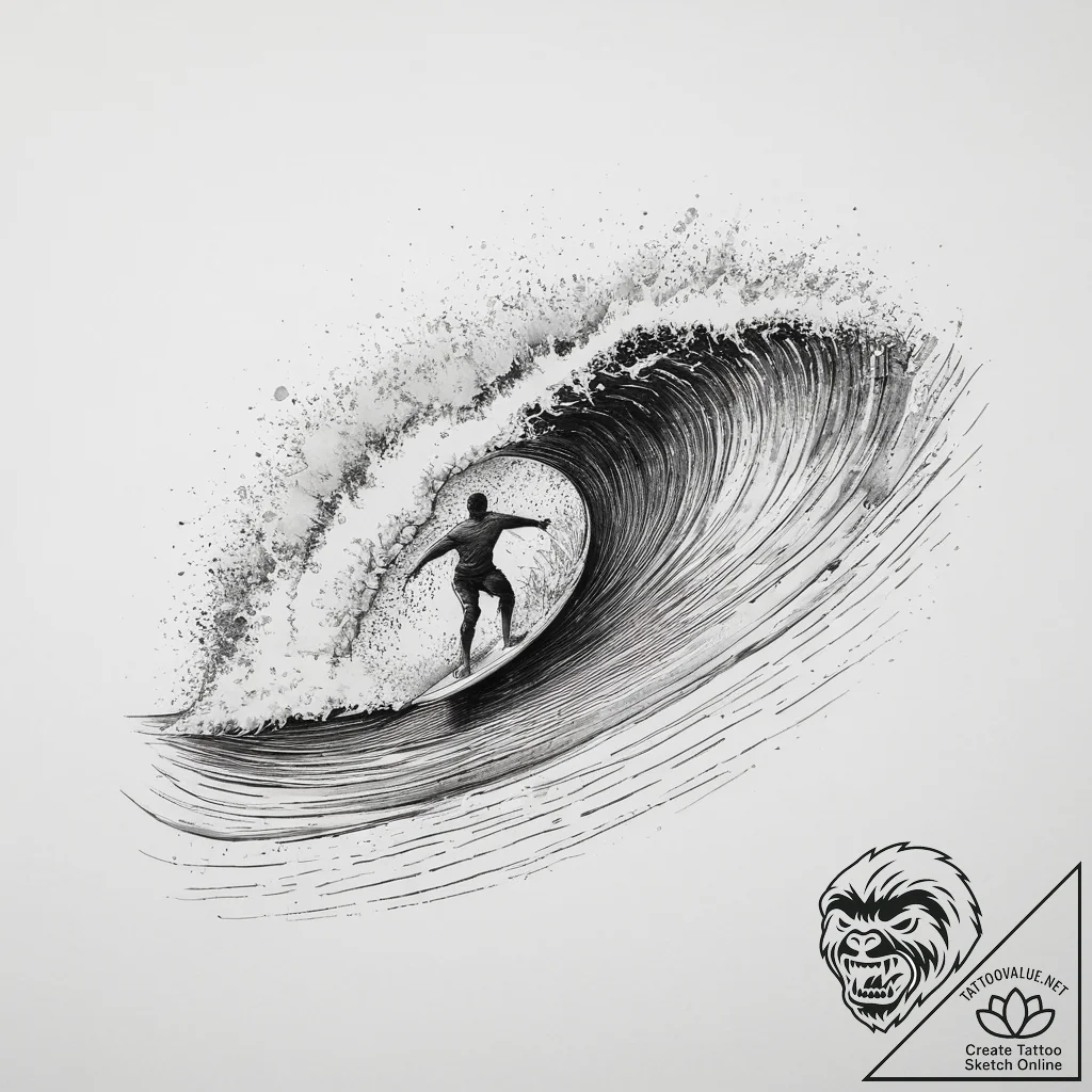 A surfer riding a massive, curling wave., tat... - tattoo sketch (№1754492759_0, 06.08.2025 15:05) — tattoovalue.net