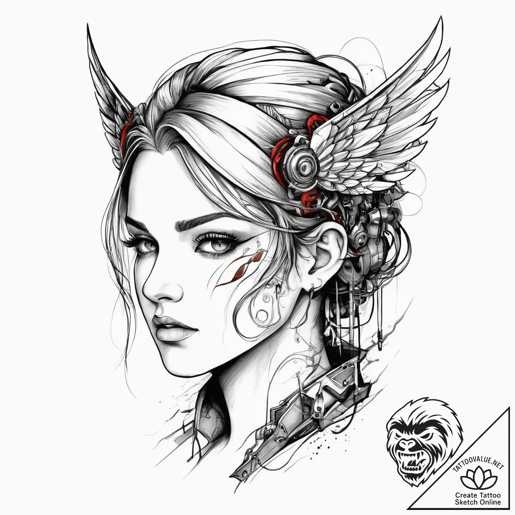Cyberpunk valkyrie, ink illustration for tatt... - tattoo sketch (№1754493170_0, 06.08.2025 15:12) — tattoovalue.net