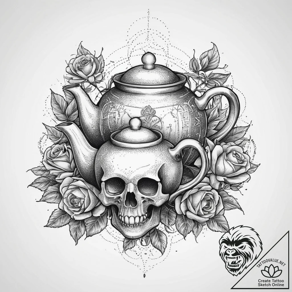 Teapot, concept art for tattoo, chicano tatto... - tattoo sketch (№1754494423_0, 06.08.2025 15:33) — tattoovalue.net