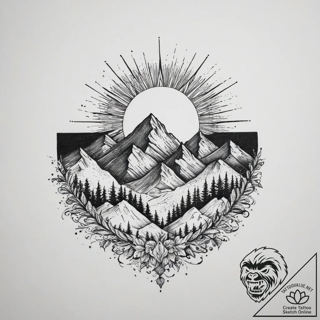 Tattoo sketch a sun rising over a mountain ra... - tattoo sketch (№1754498515_0, 06.08.2025 16:41) — tattoovalue.net
