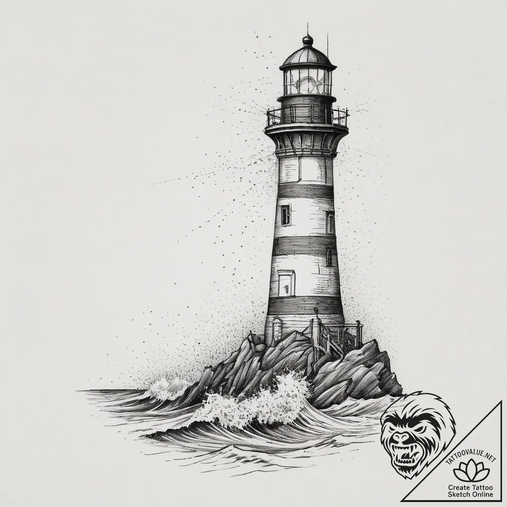A solitary lighthouse being battered by storm... - tattoo sketch (№1754498739_0, 06.08.2025 16:45) — tattoovalue.net