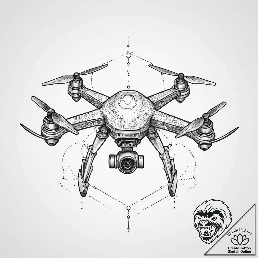 Tattoo sketch a small, stylized drone with gl... - tattoo sketch (№1754500978_0, 06.08.2025 17:22) — tattoovalue.net