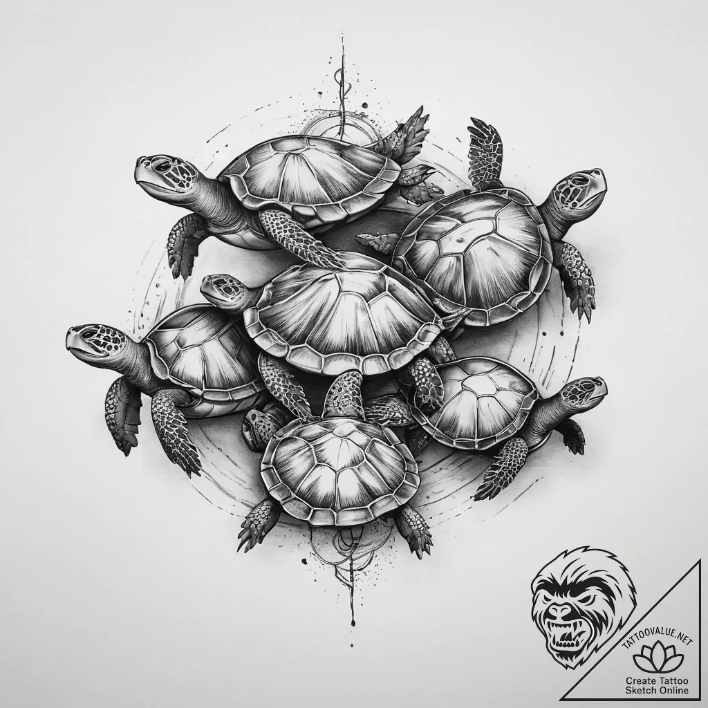 Tattoo design a turtle family, representing l... - tattoo sketch (№1754501390_0, 06.08.2025 17:29) — tattoovalue.net