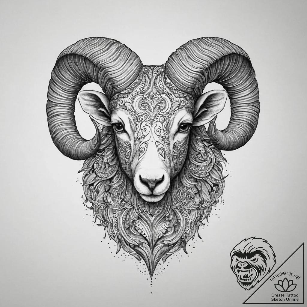 Tattoo sketch an aries ram's head in intricat... - tattoo sketch (№1754502416_0, 06.08.2025 17:46) — tattoovalue.net