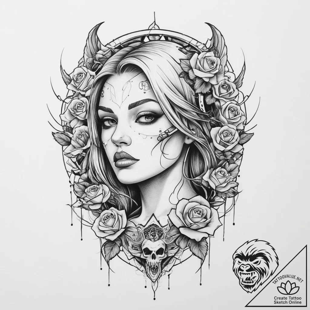 Cyberpunk valkyrie, artistic tattoo sketch, m... - tattoo sketch (№1754502625_0, 06.08.2025 17:50) — tattoovalue.net