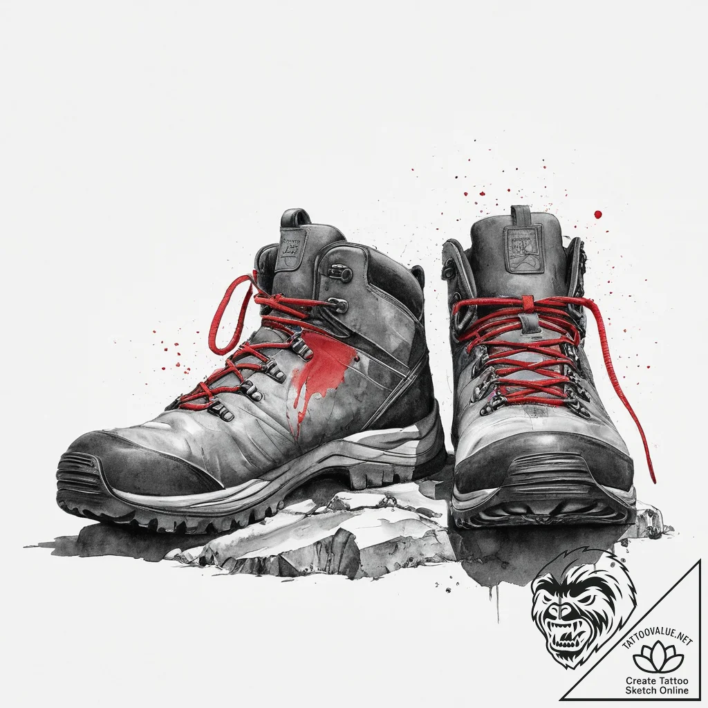 A shot of someone's feet in worn hiking boots... - tattoo sketch (№1754504864_0, 06.08.2025 18:27) — tattoovalue.net