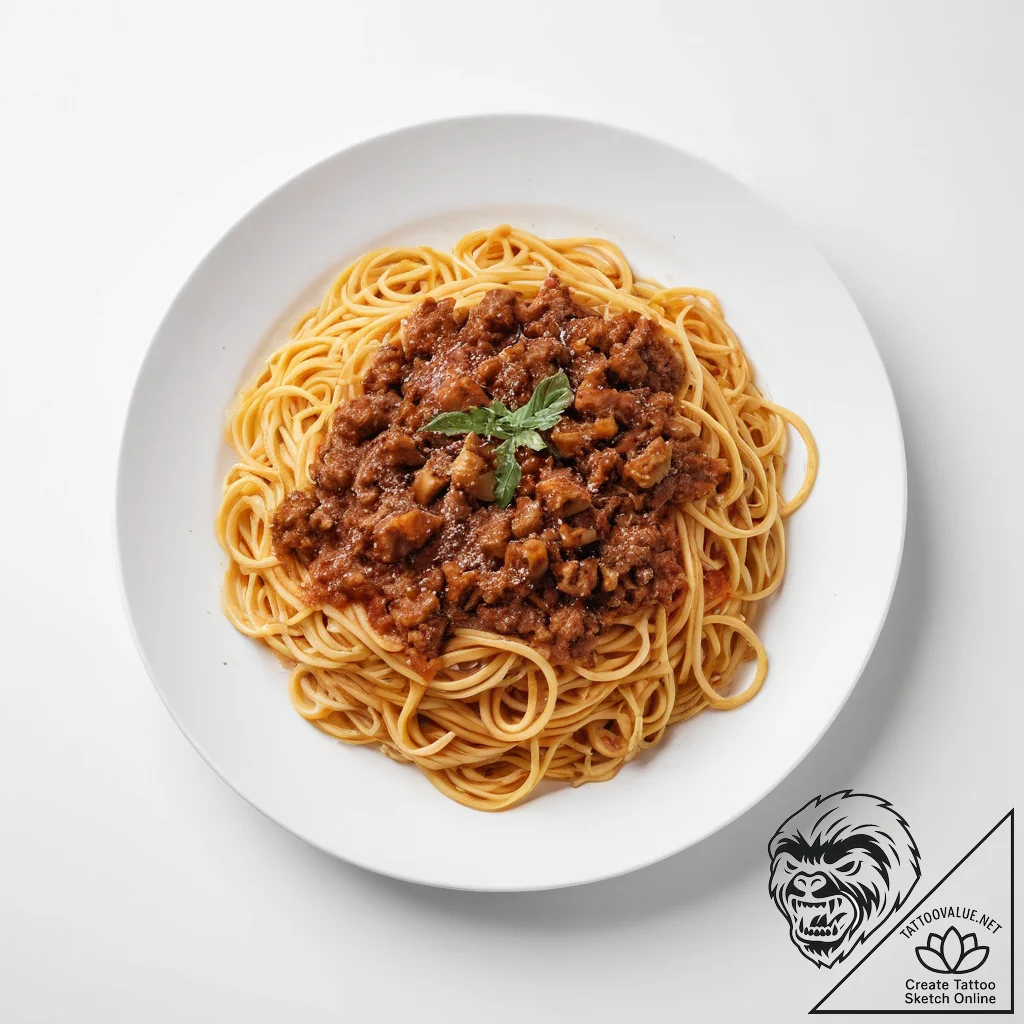 A messy, half-eaten plate of spaghetti bologn... - tattoo sketch (№1754505484_0, 06.08.2025 18:38) — tattoovalue.net