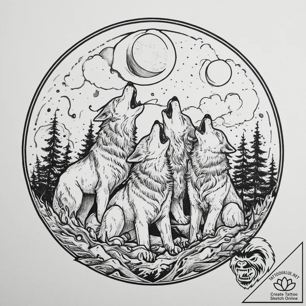 Tattoo design a wolf pack howling together un... - tattoo sketch (№1754507110_0, 06.08.2025 19:05) — tattoovalue.net